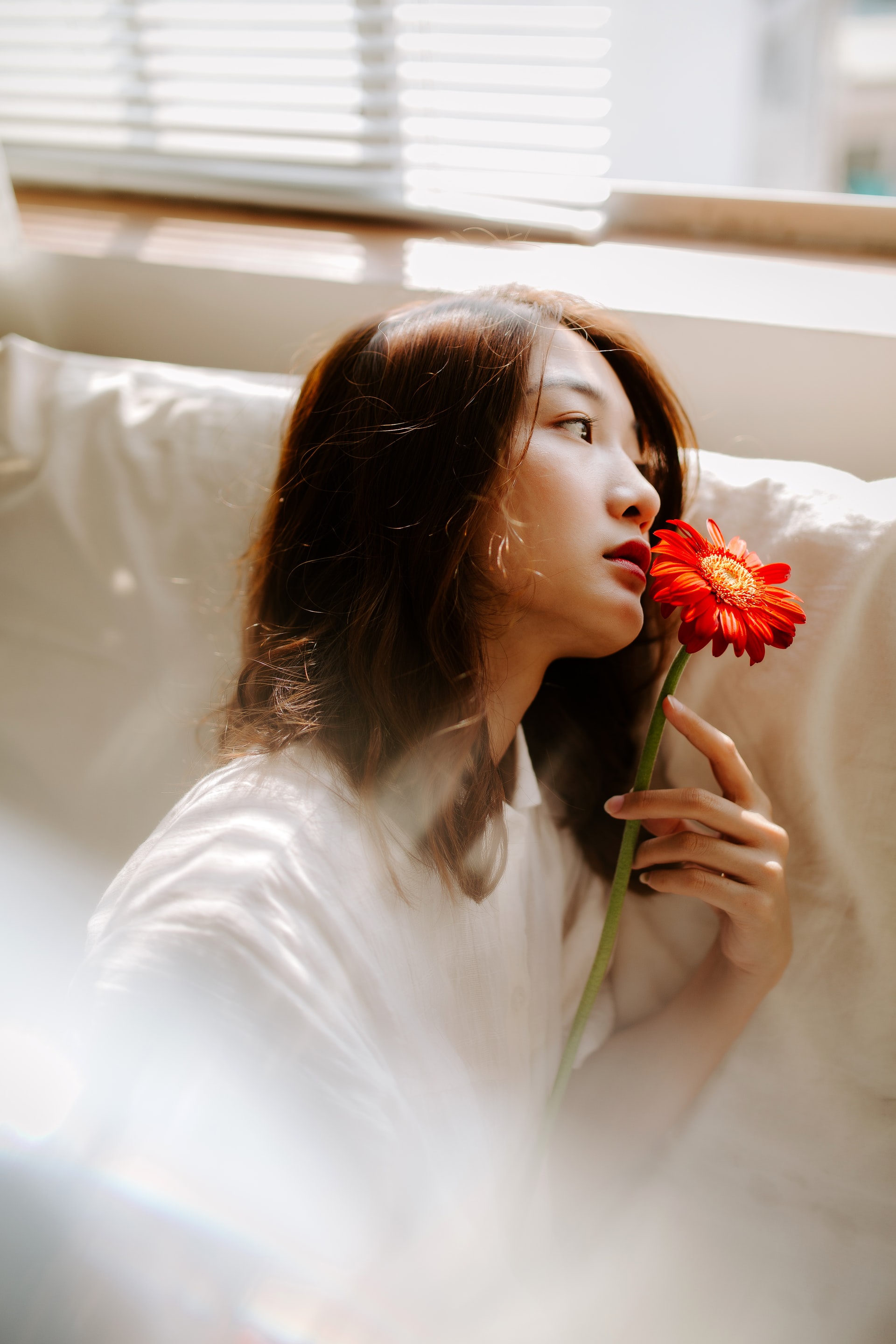 woman holding a red flower